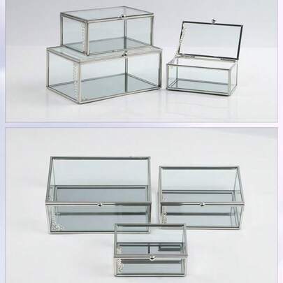 1pc Minimalist Glass Storage Box, Metal Frame, Transparent Desktop Organizer Box, Geometric Design