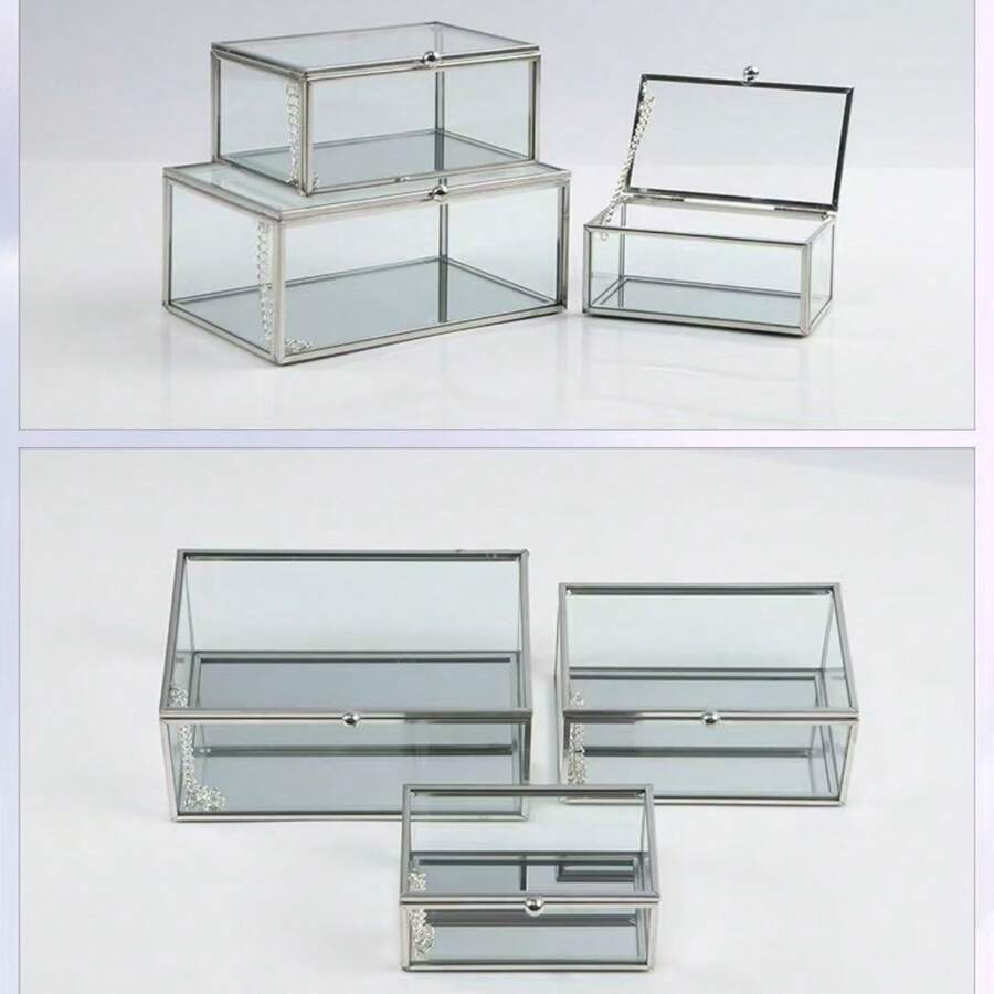 1pc Minimalist Glass Storage Box, Metal Frame, Transparent Desktop Organizer Box, Geometric Design - Multicolor - View 1