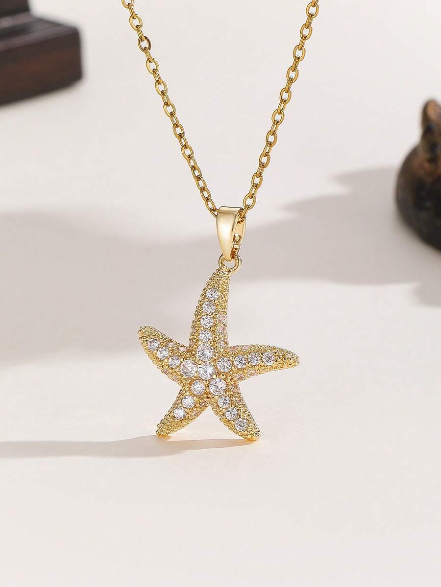 1pc Fashion New Ins Style Sea Star Pendant Necklace Exquisite Jewelry For Women And Girls - Gold - View 1
