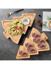 1pc Christmas Tree Wood Tray, Available In 2 Styles: 3-Compartment 27.5*20cm And 1-Compartment 28*20cm, Home Christmas Decor, Christmas Kitchen Tabletop Decor, Christmas Decoration, 2024 New Christmas Dinnerware. Used For Serving Food, Snacks, Beverages, Sushi, Steak, Pizza, Desserts, Cakes And Breads, Breakfast Tray, Coffee Tray, Tea Tray, Charcuterie Board, Easy-Carry Recessed Handles, Household Kitchen Supplies, Christmas Decor Tray, Christmas.