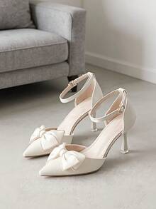 Tacones Mujer Punta Fina - Estilo Clásico, Tacones Elegantes con Moño para Muje, Tacones Anchos Extra Cómodos - Para Todo El Día, Sandalias con Atadura - Ideales para Diario, Bodas y Fiestas - Beis - Ver 7