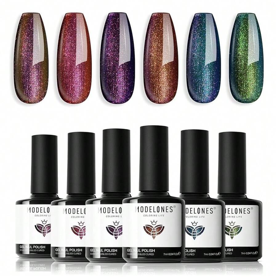 Cat Eye Gel Nail Polish Set, 6 Colors 9D Glassy Cat Eye Glitter Gel Polish Black Red Purple Blue Silver Brown Nail Polish All Seasons With Magnet Soak Off Led DIY Salon Gift-842643 - AA6-極光變色龍 - 查看 1