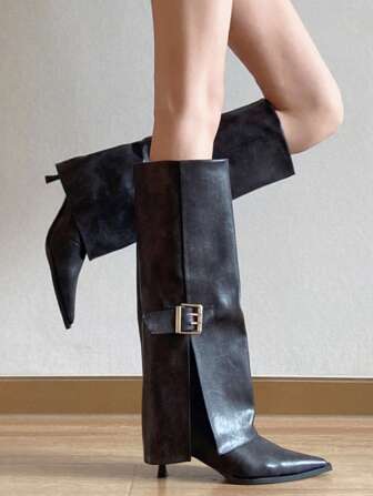 2025秋冬新款尖头过膝长靴，欧美风细跟高筒靴，黑色，猫跟