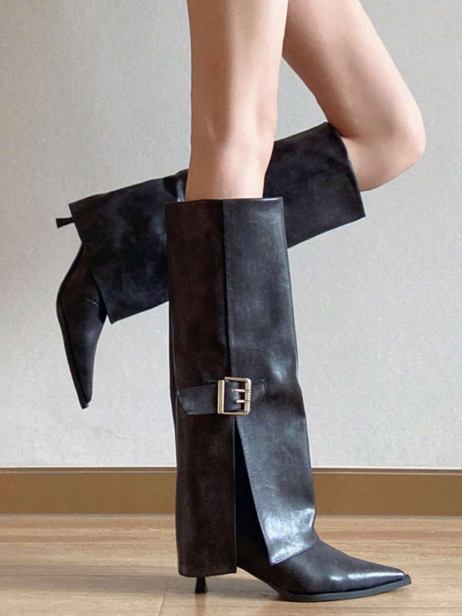 2025 Autumn/Winter New Pointed Toe Thigh High Boots For Women, European & American Style Slim Heel High Boots,Black Boots,Kitten Heels - Black - View 1