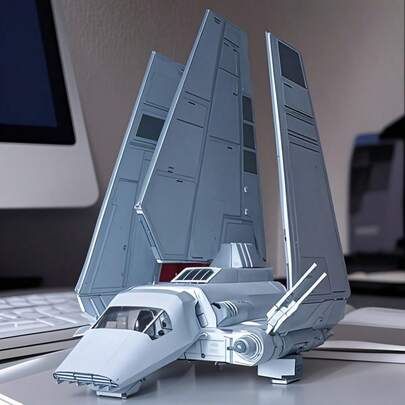 StarWars 手工打造的帝国兰姆达穿梭机模型 - 未来主义科幻纸模型，拥有精细的机翼、驾驶舱和武器装备，蓝白相间的空气动力学设计，适用于家居、办公室桌面装饰、科幻主题装饰，工艺精湛，细节考究。