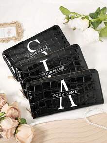 1 pieza Billetera larga personalizada con nombre y letras A-Z, Portacartas con diseño de firma personalizada, Billetera larga personalizada con nombre y letras A-Z, Portacartas personalizado con firma, Nueva billetera retro larga de mujer, Puede contener teléfono, bolsa de almacenamiento multifuncional, bolsa larga para tarjetas de mujer - Negro - Ver 7