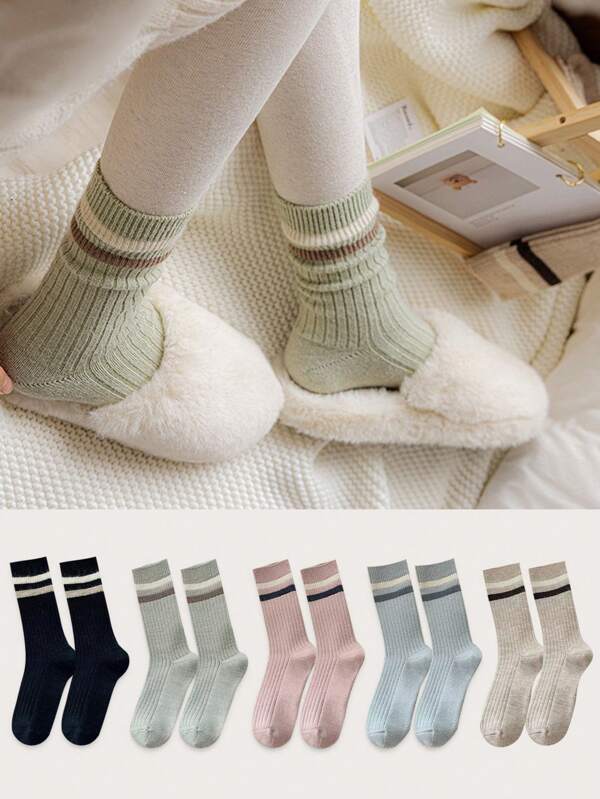 1/5/10 Pairs Of Women's Pile Socks, Crew Socks, Thick Wool Socks For Autumn And Winter, College Style, Casual Style, Two-Stripe Mid-Calf Socks