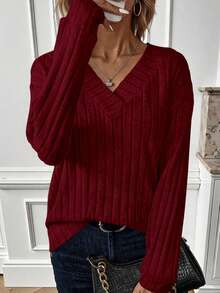 Fall Fashion Long Sleeve Shirts For Women Ribbed Knit V Neck Dressy Casual Lightweight Sweaters Tunic Tops - Màu Đỏ Sâu - Xem 4