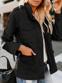 Women's Black Utility Jacket, Stand Collar Zip Up Lightweight Field Jacket, Casual Spring Streetwear Coat - màu đen - Xem 4