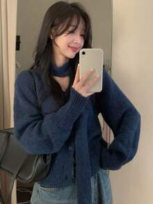 韩国时尚新款小众复古法式V领长袖毛衣开衫配围巾 - 藏蓝色 - 查看 2