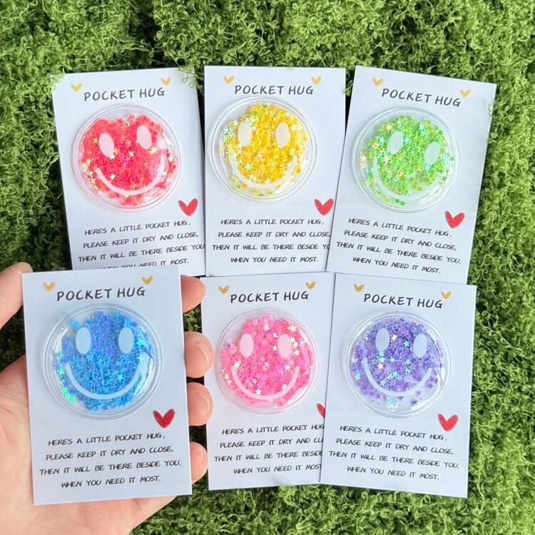 12 Stücke bunte Glitzer Fröhliche Gesichts Aufkleber für Pocket Hug Karten - sortierte funkelnde Farben, Kunststoff Cartoon Dekorationen, ohne Batterien, perfekt für Geburtstage, Valentinstag, Hochzeiten & Ermutigungsgeschenke, süße Aufkleber - Verschiedenfarbig - Übersicht 1