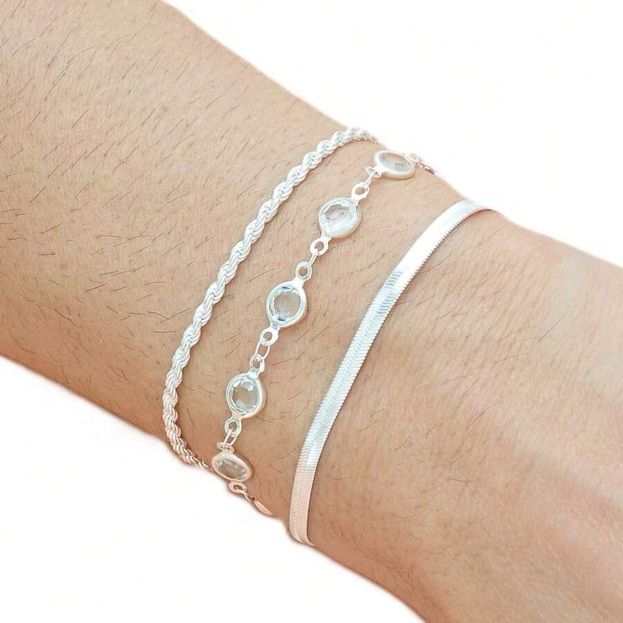 Kit Of 3 Crystal Snake Bone Bracelets, 18K Gold Or 925 Silver Plated - Silver - View 1