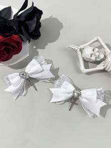 2pcs Gothic Style White Lace Ribbon Hair Clips, Suitable For Holiday Outfits, Daily Wear For Gothic Fashion Enthusiasts, Head Accessories,Festival,Party - White - View 2