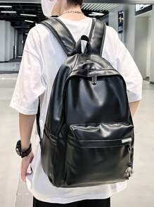 peach tree 1pc Minimalist Solid Color Backpack, Versatile Campus Style, Large Capacity Fits 12in Tablet, PU Laptop Backpack, Suitable For School, Travel, Black Color, Waterproof, Streamlined Design, Outdoor, Business, Fitness, Gift For Boyfriend, Dad Large Capacity Bag Office Bag Laptop Case - Black - View 3