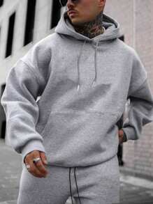 Men's Casual Street Hooded Sweatshirt, Solid Color With Fleece Lining, Loose Fit, Autumn/Winter - Dark Grey - View 5