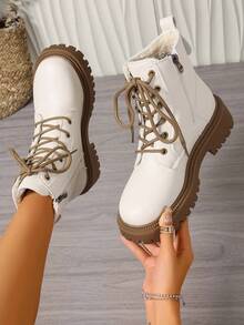 2025新款秋冬'女鞋'厚底大码学生鞋'时尚百搭休闲'女鞋'侧拉链'学生鞋'青少年中学生鞋'学生靴'休闲踝靴 - 白色 - 查看 4