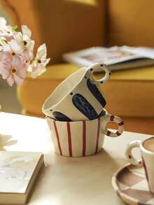 1 件简约条纹格纹陶瓷杯，早餐牛奶燕麦杯，家用下午茶咖啡杯，果汁饮料杯，情侣水杯，送给家人和朋友的节日礼物杯 - 彩色 - 查看 5