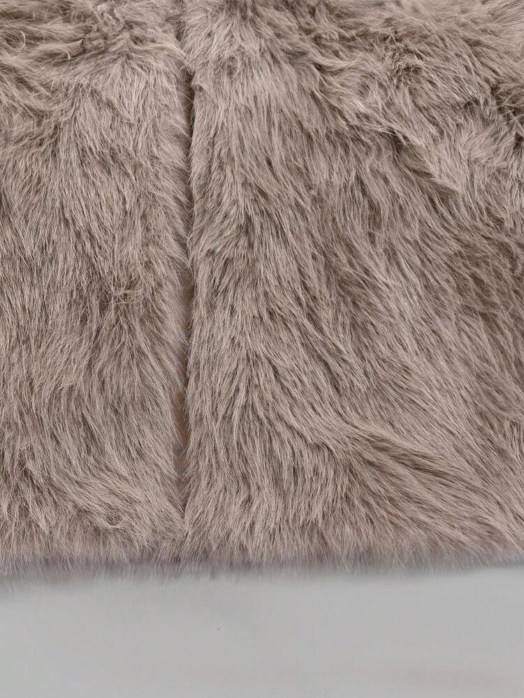 女士休闲百搭米色街头时尚柔软人造毛皮开衫夹克，适合冬季 - 卡其色 - 查看 3