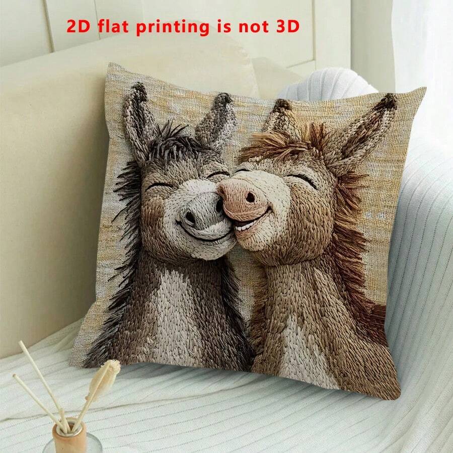 1pc Cute Donkey Pattern Single-Sided Throw Pillow Cover, Vintage Square Single-Sided Pillow Sham, Suitable For Living Room, Bedroom, Home Decor, All Season - Multicolor - View 1