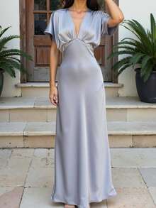 女式夏季时尚新款V领收腰修身仿丝缎波西米亚风度假连衣裙 - 藍色 - 查看 6