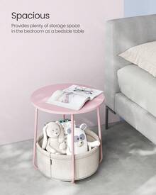 VASAGLE End Table, Small Bedside Table With Fabric Basket, Modern Nightstand, Round Side Table, For Living Room, Bedroom, Jelly Pink And Cream White - Pink and White - View 3