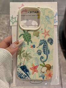 1个白色皮革纹理极简蓝色海星、海马、贝壳、海龟、椰子图案手机壳，可个性化定制，兼容 16 Pro Max、15/14 Plus、13、12、11，防水防震防摔防刮，国际版，非国内版 - 彩色 - 查看 2