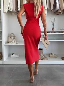 ChicMe 女士无袖修身中长连衣裙，圆领，侧开衩，休闲时尚鸡尾酒会连衣裙 - 紅色 - 查看 2