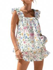 Womens Ruffle Pajamas Set 2 Piece Summer PJs Floral Pajama Ruffle Trim Cami Top And Shorts Lounge - Multicolor - View 2