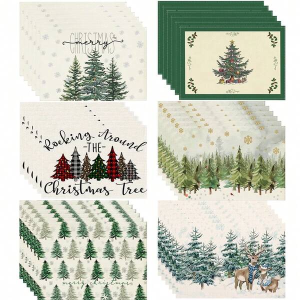 Set de sets de table de Noël - Design d'arbre aquarelle de renne lavable et réutilisable en polyester 12x18 pouces, décor multi-scènes (4/6 pièces)