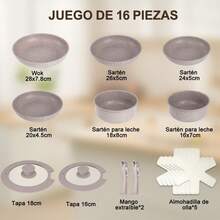 LOKOOY Juego de 16 Ollas y Sartenes con Mango Desmontables, Alta Antiadherente, Bateria de Cocina Con Tapas y Cojín, Sartén para Freír Apto para Lavaplatos, Cocina de Inducción y Horno - 1 - Ver 5