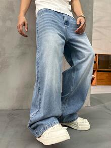 Autumn/Winter Thick Casual Loose Fit Men's Thermal Lined Jeans, Suitable For Everyday Wear - Light Wash - View 3