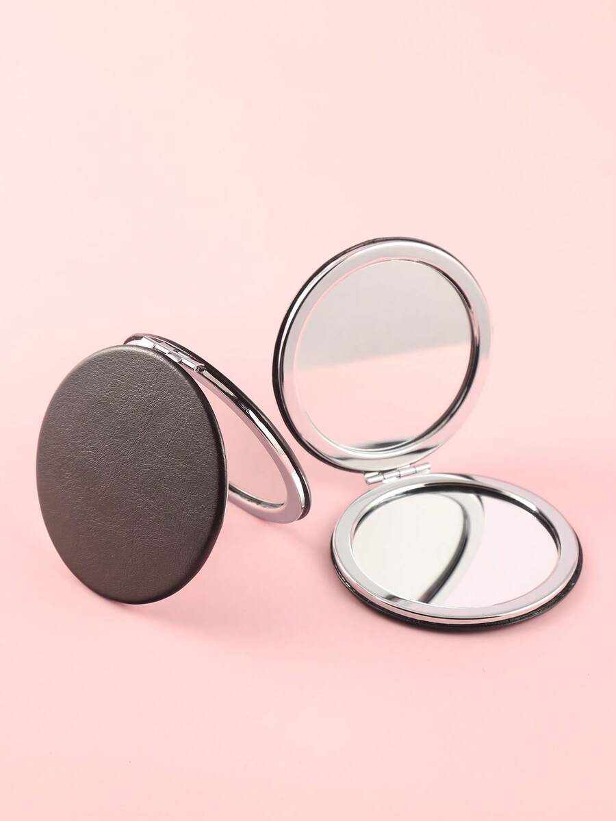 Runder schwarzer PU Make-up Spiegel, modisch & minimalistisch, geeignet für Abschluss, Geburtstag, Party, Valentinstag, Muttertag, Geschenk für Mutter, Vater, Freundin, beste Freundin, tragbarer Kompaktspiegel für Touchups jederzeit