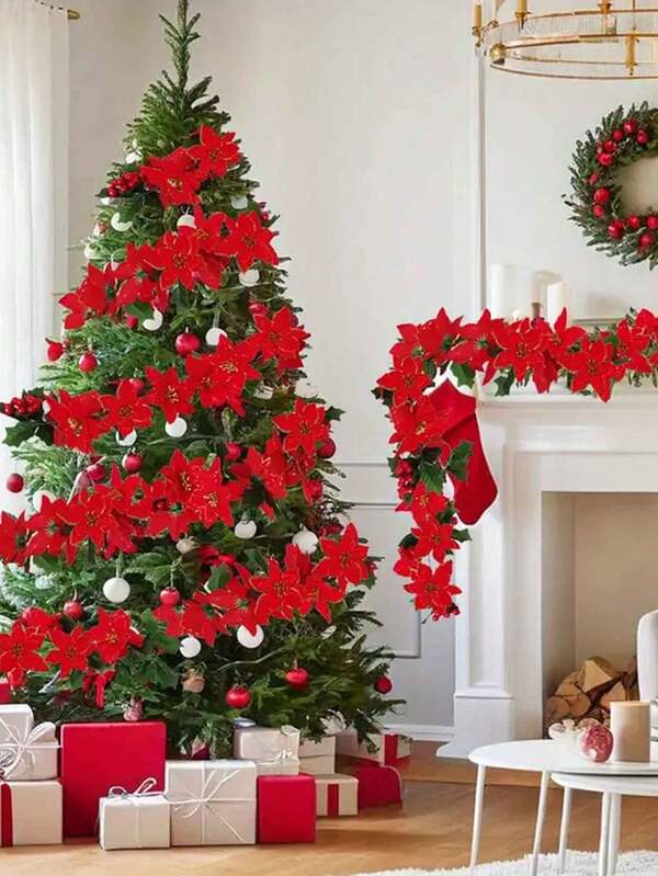 3 sets/1 set Guirnalda artificial de bastón de caramelo navideño, flores de Nochebuena rojas y hojas de acebo para decoración, adecuado para árbol de Navidad, escaleras, chimenea, pared, mesa de comedor, decoración de corona DIY, decoración festiva para interiores y exteriores, porche, jardín, perfecto para fiestas navideñas, decoraciones navideñas, decoración de ambiente de Año Nuevo