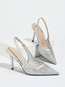 Zapatos de tacón alto de punta fina para mujer, con diseño calado, de moda para fiestas y uso al aire libre, elegantes, bombas de mujer, elegantes, atuendos de verano - Plateado - Ver 8