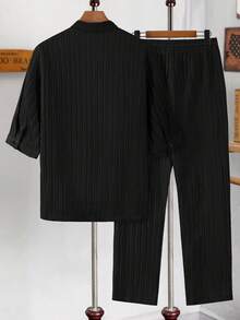 男士罗纹提花面料短袖中式领衬衫，抽绳腰裤两件套西装，必备度假装