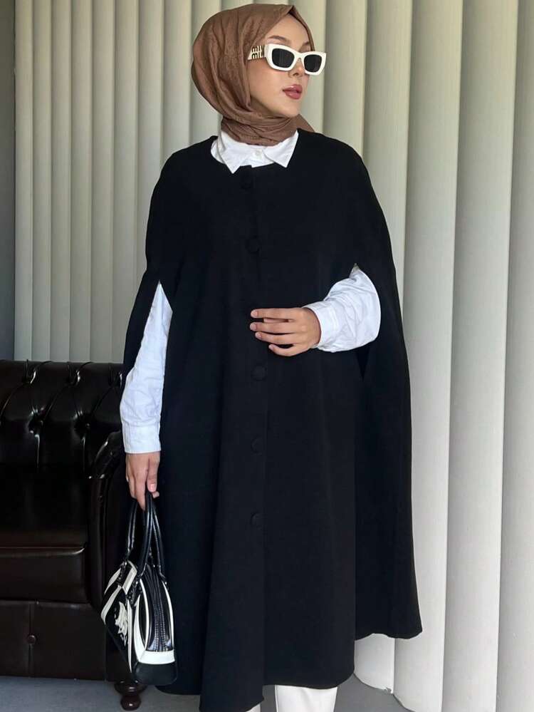 纽扣细节羊绒防风斗篷，纯色休闲优雅，正面纽扣细节羊绒防风斗篷，正式晚装 - 黑色 - 查看 5