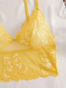 Women Sexy Butterfly Lace Lingerie Set Lace See-Through Top With Open-Crotch Underwear Adult Lingerie 2Pcs Set - Yellow - View 4