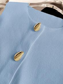 Damen Lässig Einfarbige Strickjacke mit geraden Schultern, ärmelloser Kragen, Metallknöpfen, kurzer V-Ausschnitt, offener Vorderseite, Strickweste für Frühling, Sommer, Herbst