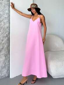 Solid Color Casual Backless Dress, Summer Wedding - Dusty Pink - View 2