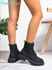 Women's Round Toe Lace-Up Side Zipper Black Combat Boots, New Autumn/Winter PU Leather Fashion Versatile Punk Boots, Multi-Functional Outdoor Non-Slip Boots