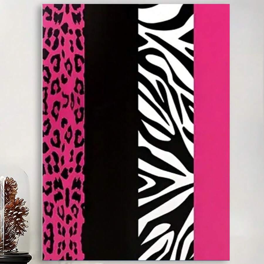 Framed  Chic Pink Zebra & Leopard Print Canvas Wall Art With Solid  – Modern Home Decor For Bedroom, Living Room, Or Classroom – Stylish Vertical De With Black Backgrounds, Living Room Decor