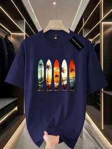 Men's T-Shirt With Surfboard Print, 100% Cotton, Super Comfortable, Summer Fashion - 藏蓝色 - 查看 1
