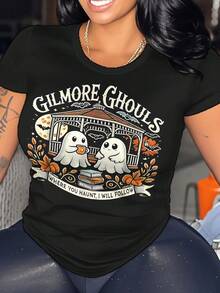 Plus Size Elegant Casual T-Shirt, Women's Gilmore Ghouls Where You Haunt I Will Follow Apparel Round Neck Tee Short Sleeve Top For Spring & Summer Vacation Clothing Gifts For Women