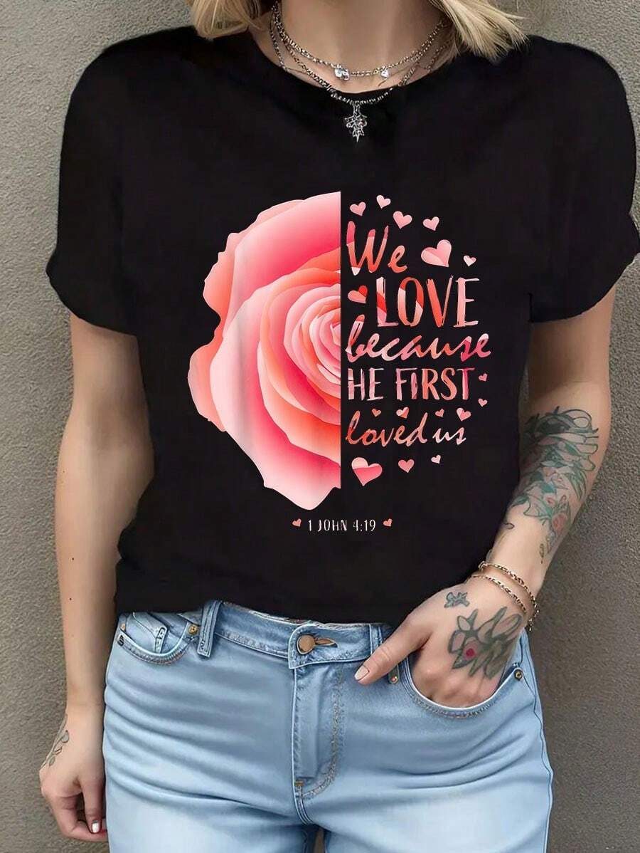 Camiseta cristiana de San Valentín para mujer, regalo para el Día de San Valentín, camiseta de cuello redondo a para mujer. Camiseta de manga corta de algodón de 220 g, impresión por una cara - Negro - Ver 1