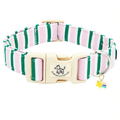 Elegant Small Tail Dog Collar, Cute Pink With Green Stripe Pattern, Soft & Comfortable, Unisex, Adjustable Puppy Collar With Quick Release Buckle