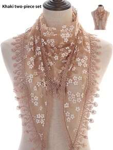 1pc Women Floral Lace Shawl With Hollow-Out Flower Pattern Decor, Breathable Fringed Triangle Scarf For Outdoor And Daily Use, Summer - Multicolor - View 30