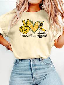 Peace Love Banana  Graphic Printed Casual Round Neck Short Sleeve T-Shirt Women's Summer Tops - 杏色 - 查看 1