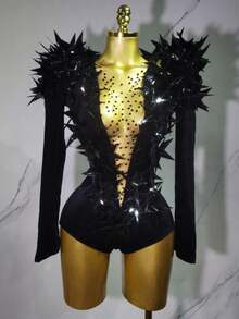 New Shiny Black Rhinestone Velvet Long Sleeve Bodysuit Women Evening Party Club Gala Hosts  Bar Stage Costumes - TRẮNG - Xem 2