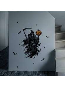 Halloween Reaper Vinyl Wall Decal With Sickle Bats Pumpkin Design, Matte Finish, Detachable, Self-Adhesive, Easy Peel And Stick, Removable, Suitable For For Bedroom, Bathroom, Study Room, Kitchen Art, Fantasy Theme, Halloween Decorations