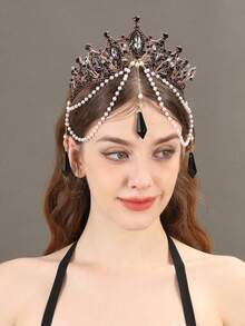1pc Women's Baroque Tassel Crown, Elegant Pearl Headpiece, Goddess Tiara, Black Vintage Costume Accessory - màu đen - Xem 3